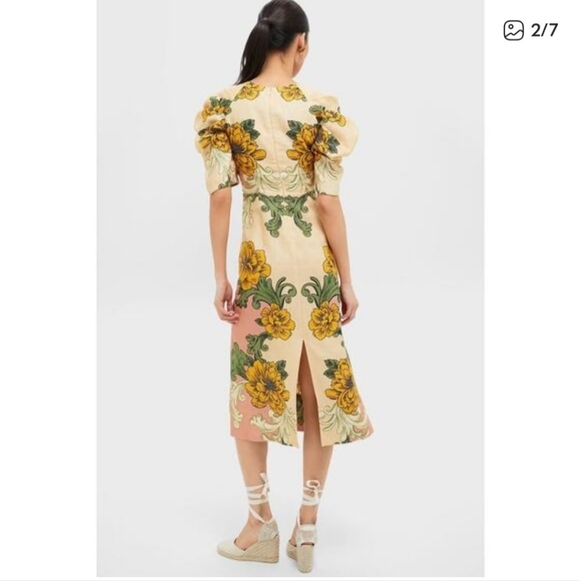 ✅ Farm Rio Linen Floral Arabesque Puff Sleeve Midi Dress – XSmall - Picture 3 of 16